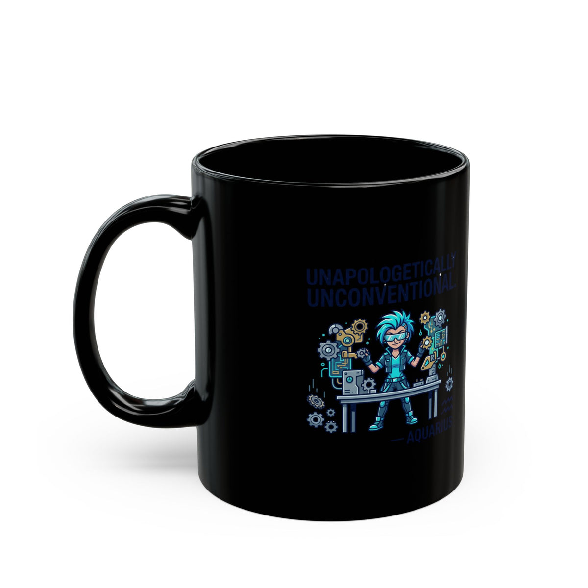 Aquarius Zodiac Black Engineer Robotics Mug — "Unapologetically Unconventional"