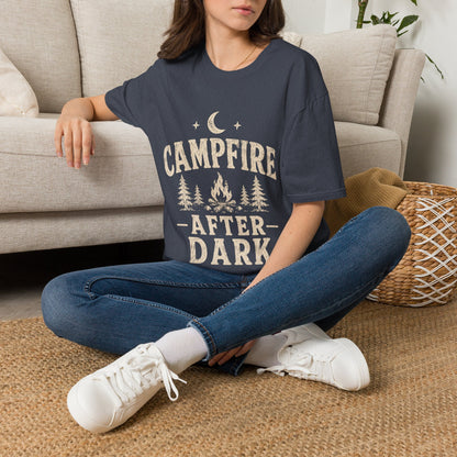 Campfire After Dark T-Shirt — Cozy Camping Moon & Trees Graphic