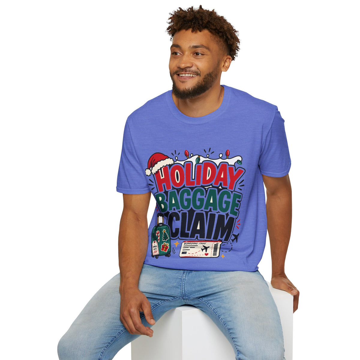 Holiday Baggage Claim T-Shirt — Funny Christmas Vacation Tee with Santa Hat & Lights