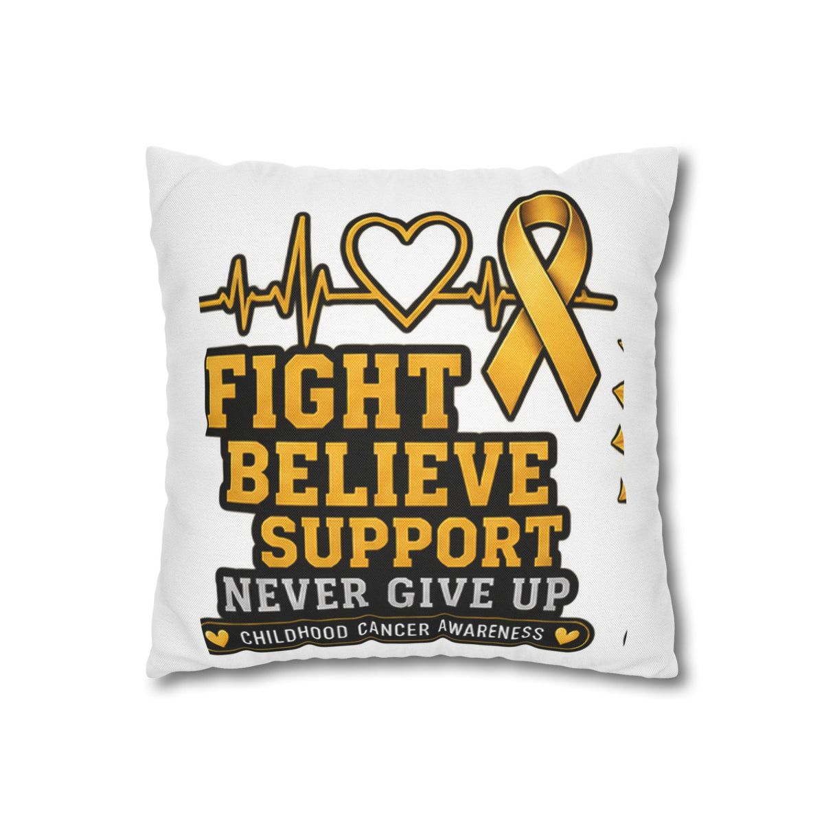 Childhood Cancer Awareness Pillow — "Fight Believe Support Never Give Up" Gold Ribbon Decorative Throw Pillow
