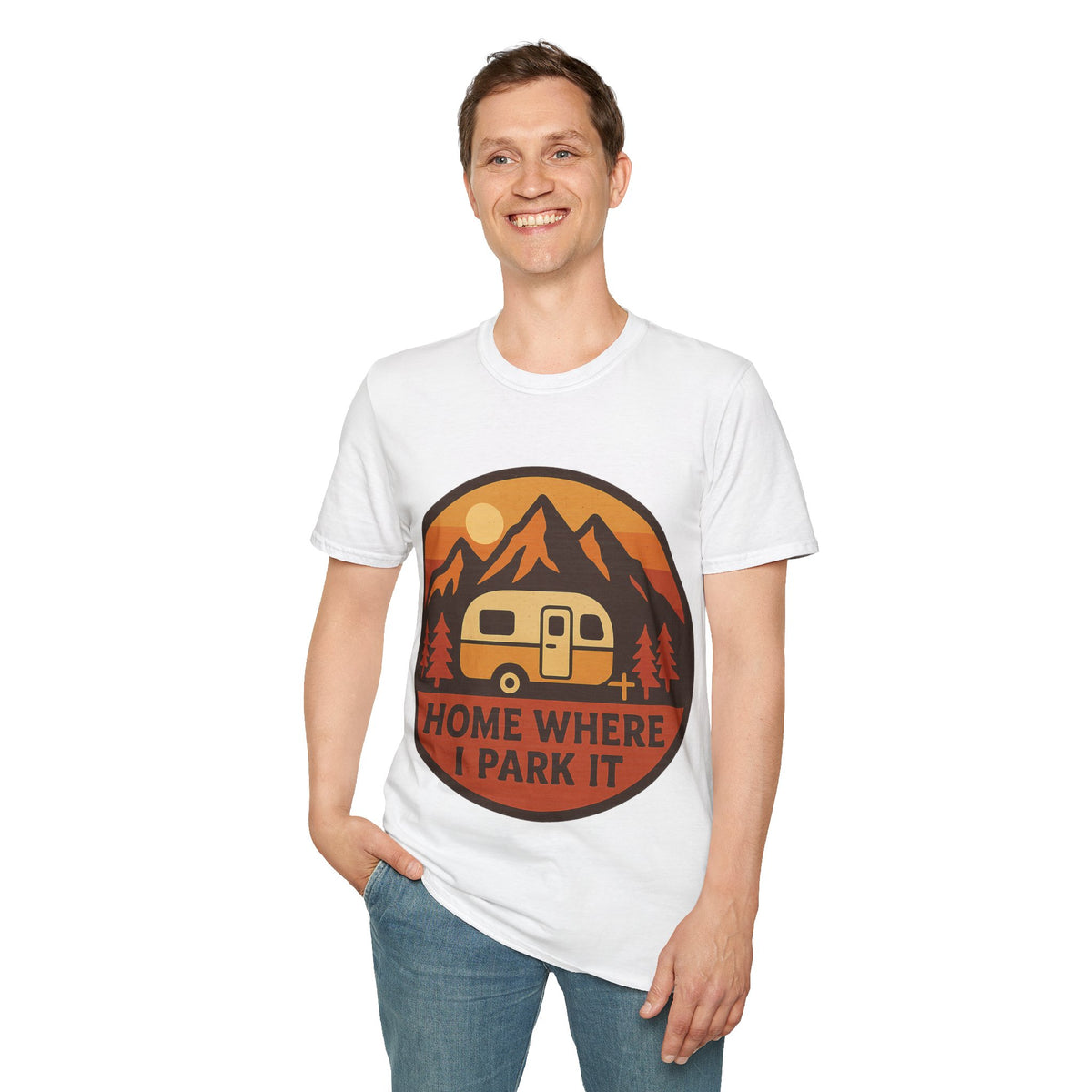 "Home Where I Park It" Vintage Camper Van Graphic Tee - Retro Sunset Mountain White T-Shirt - Trending Now - September 2026