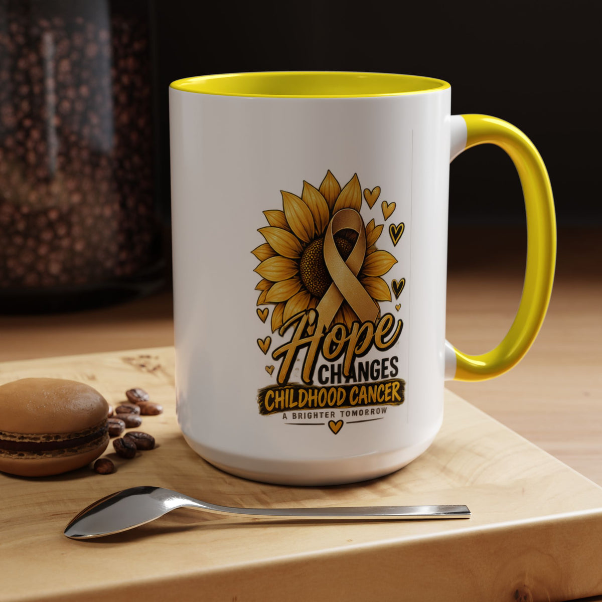 Hope Changes Childhood Cancer Mug – Gold Ribbon Sunflower Accent Coffee Cup (11/15oz)