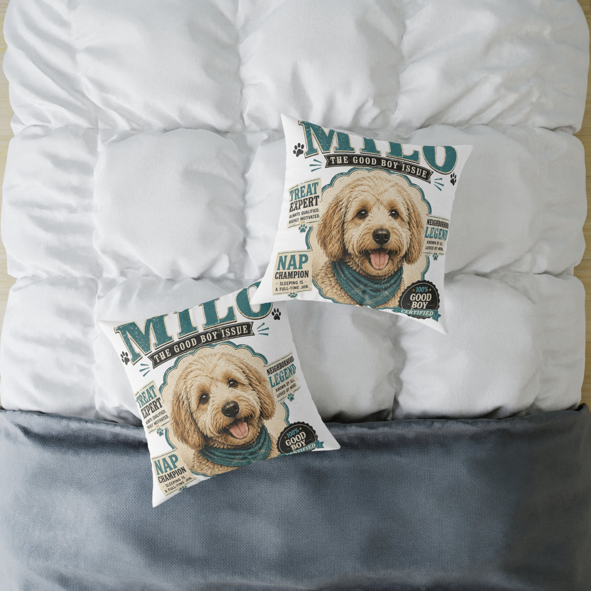 Milo Bailey Dog Dad Mom Square Poly Canvas Pillow — Personalized "Milo The Good Boy Issue" Dog Throw Pillow