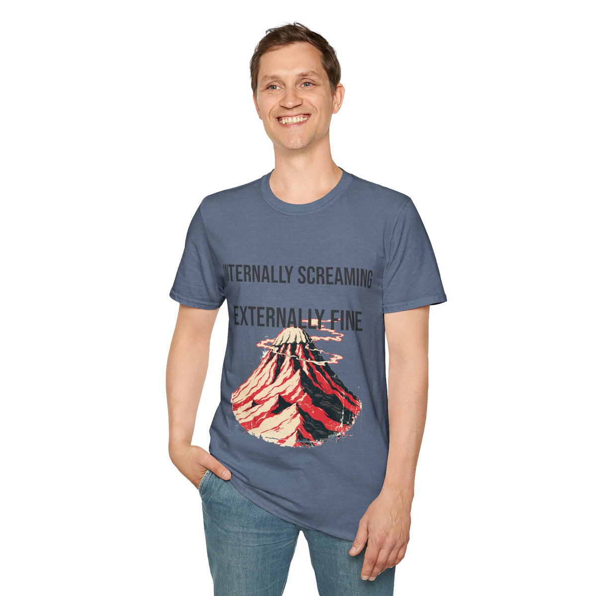 "Internally Screaming Externally Fine" Melting Volcano Tee - Funny Relatable Aesthetic White T-Shirt - Trending Now - September 2026
