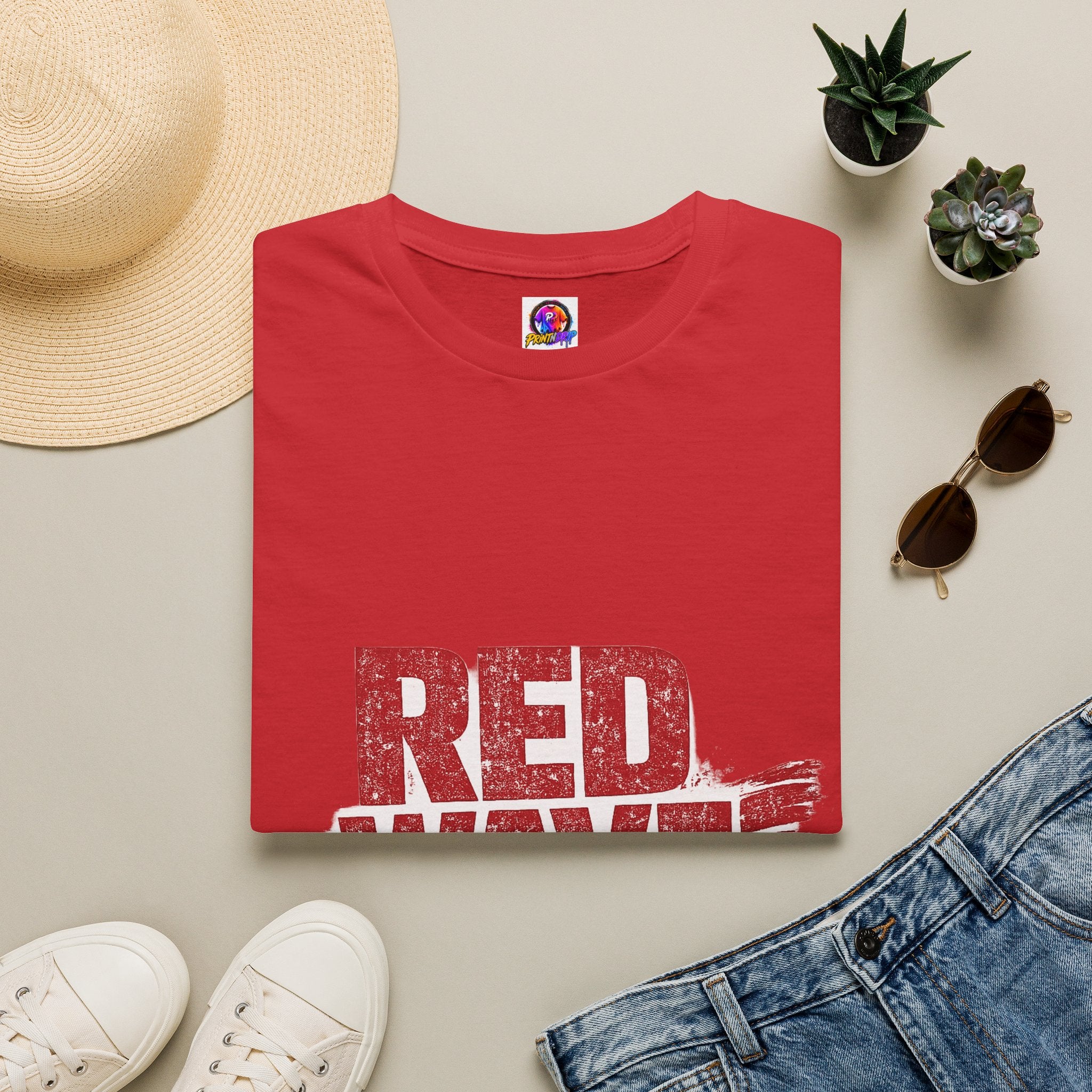 South Korea Red Wave Graphic T‑Shirt — Vintage Distressed Logo Tee