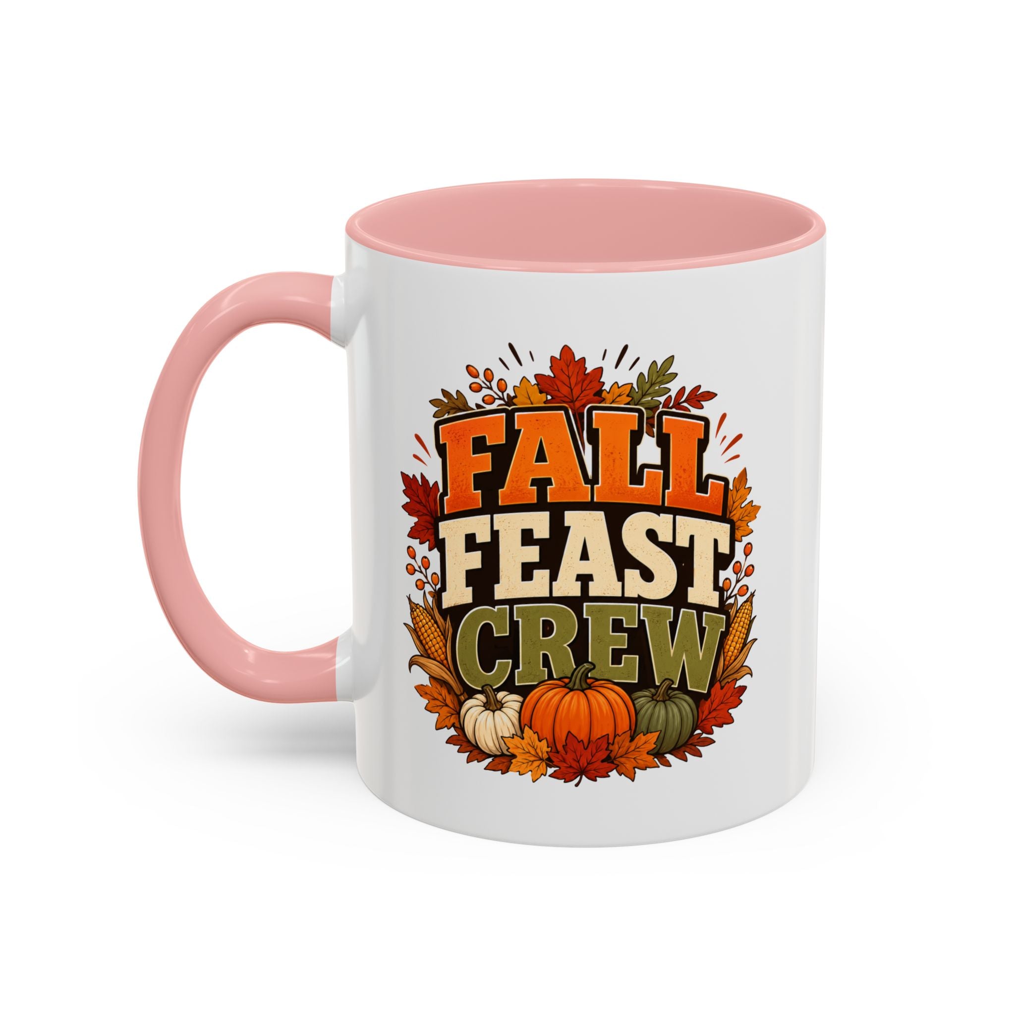Thanksgiving Mug Fall Feast Crew Coffee Mug — Thanksgiving Pumpkin Autumn Leaves Accent Mug