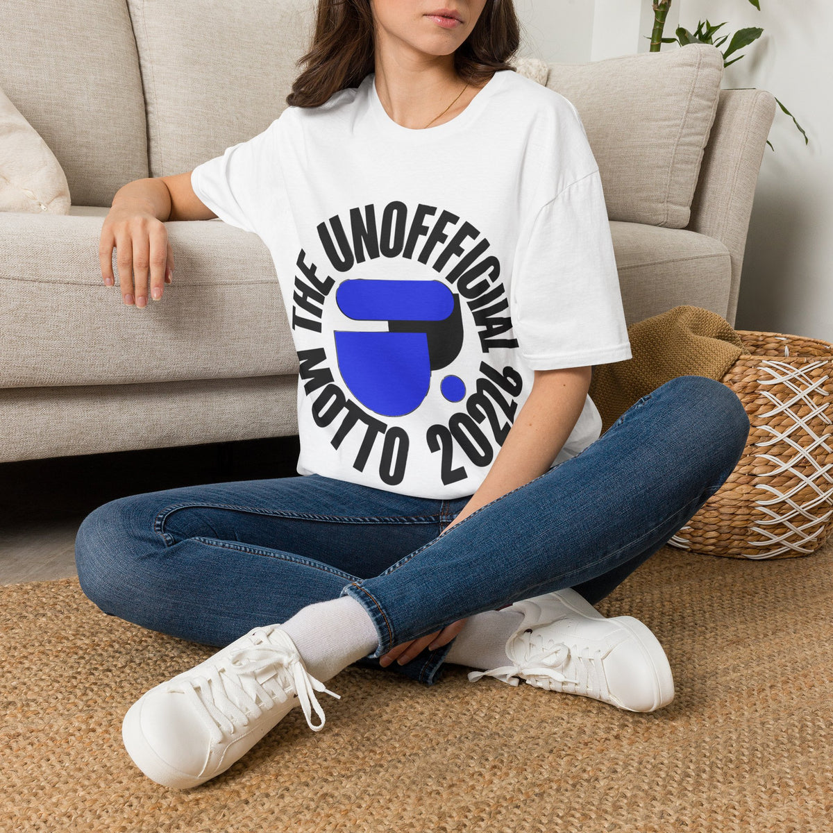 "The Unofficial Motto 2026" Retro Circular Tee | Blue Abstract Emblem T-Shirt - Trending Now - September 2026