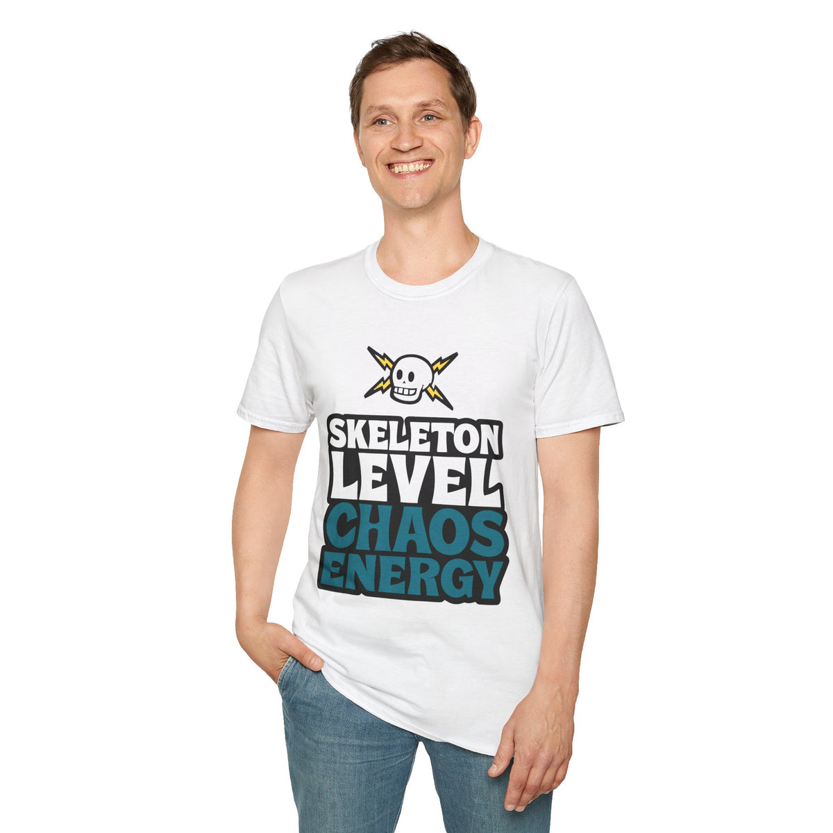 Skeleton Level Chaos Energy Teal Lightning Bolt T-Shirt - Edgy Alt Streetwear Graphic Tee - Trending Now - September 2026