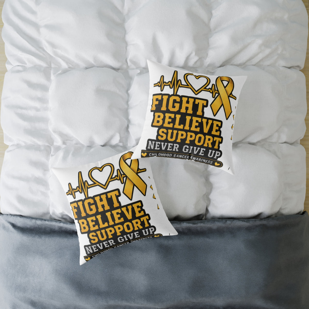 Childhood Cancer Awareness Pillow - "Fight Believe Support Never Give Up" Gold Ribbon Accent