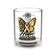 Childhood Cancer Awareness Glass Mug — “Hope Lives Here” Gold Ribbon Butterfly (10oz)