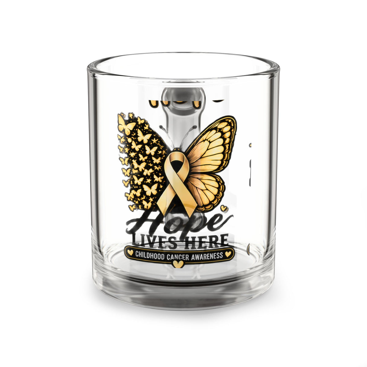 Childhood Cancer Awareness Glass Mug — “Hope Lives Here” Gold Ribbon Butterfly (10oz)