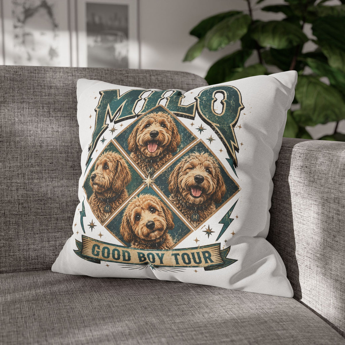 Milo “Good Boy Tour” Dog Photo Square Pillowcase Milo Bailey Dog Dad Mom