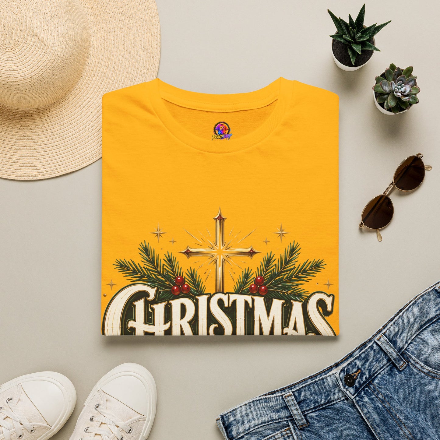 Christmas Blessed T-Shirt — Faith-Based Holiday Tee with Cross & Pine Design