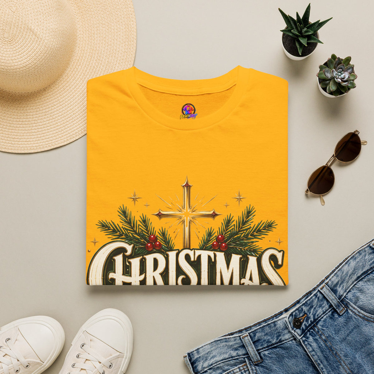 Christmas Blessed T-Shirt — Faith-Based Holiday Tee with Cross & Pine Design