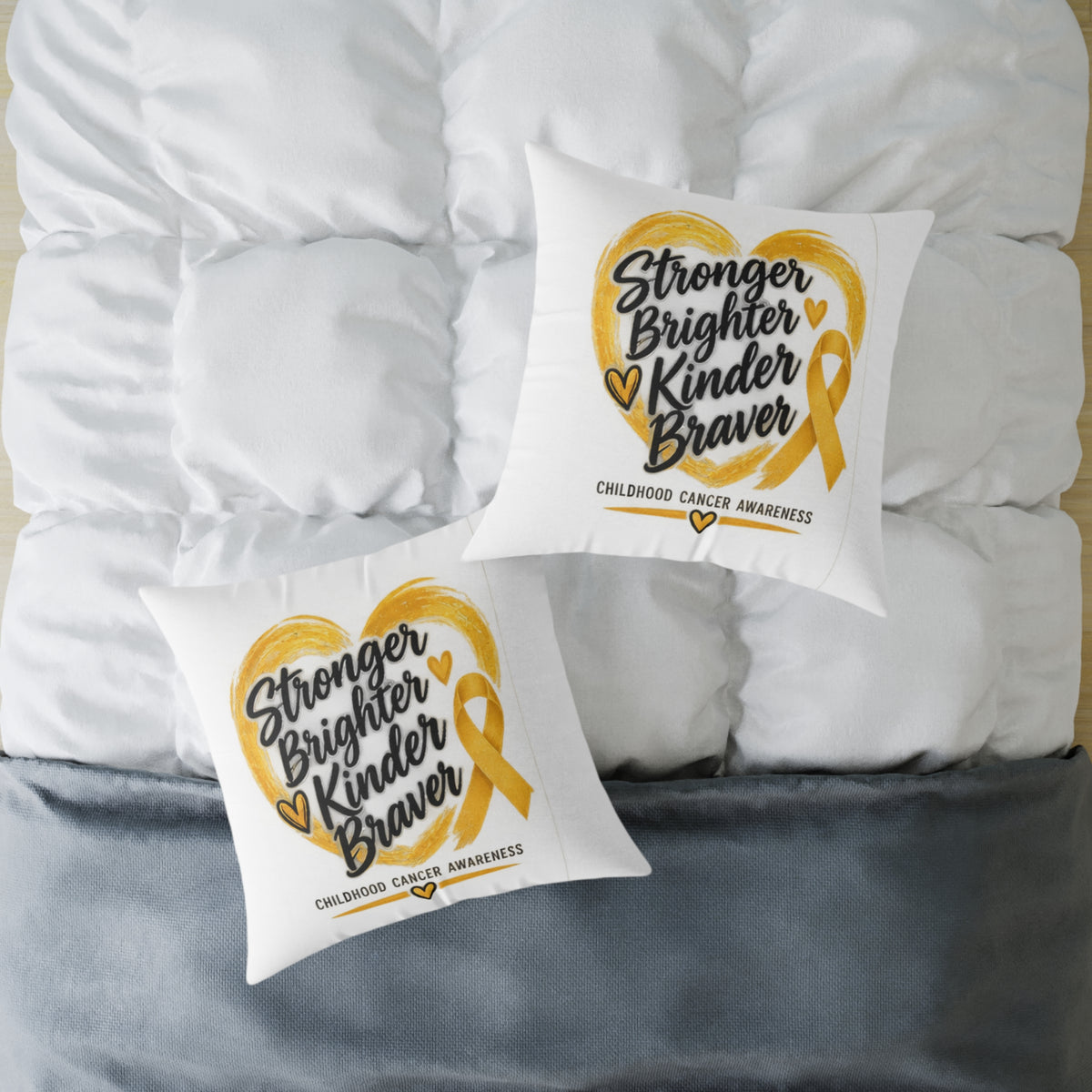 Childhood Cancer Awareness Pillow - "Stronger Brighter Kinder Braver" Gold Ribbon Square Throw Pillow