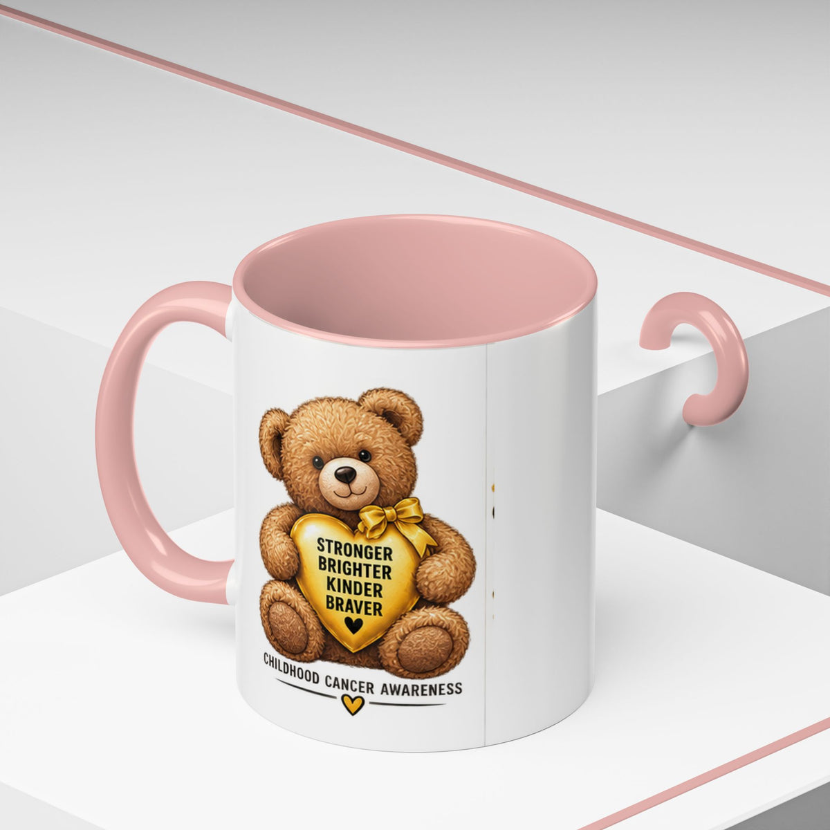 Childhood Cancer Awareness Coffee Mug — 'Stronger Brighter Kinder Braver' Teddy