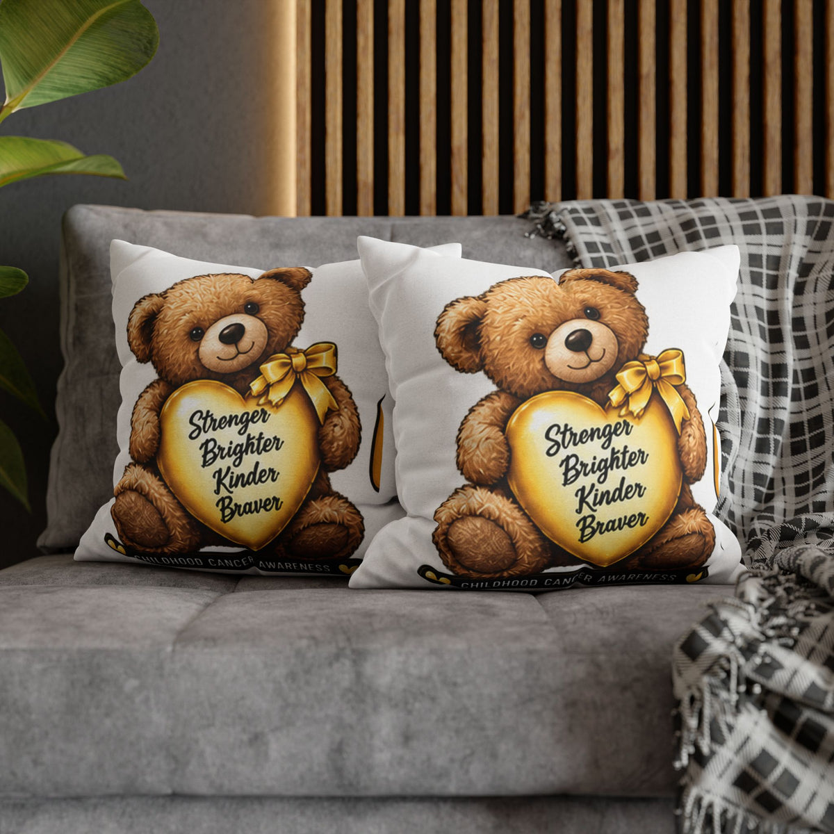 Childhood Cancer Awareness Teddy Bear Pillowcase — "Stronger Brighter Kinder Braver" Square Pillow
