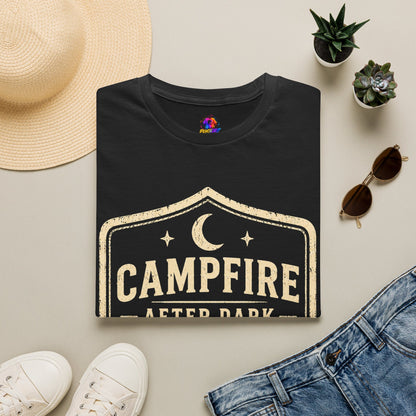 Campfire After Dark T-Shirt — Retro Camping Badge Tee for Outdoor Lovers
