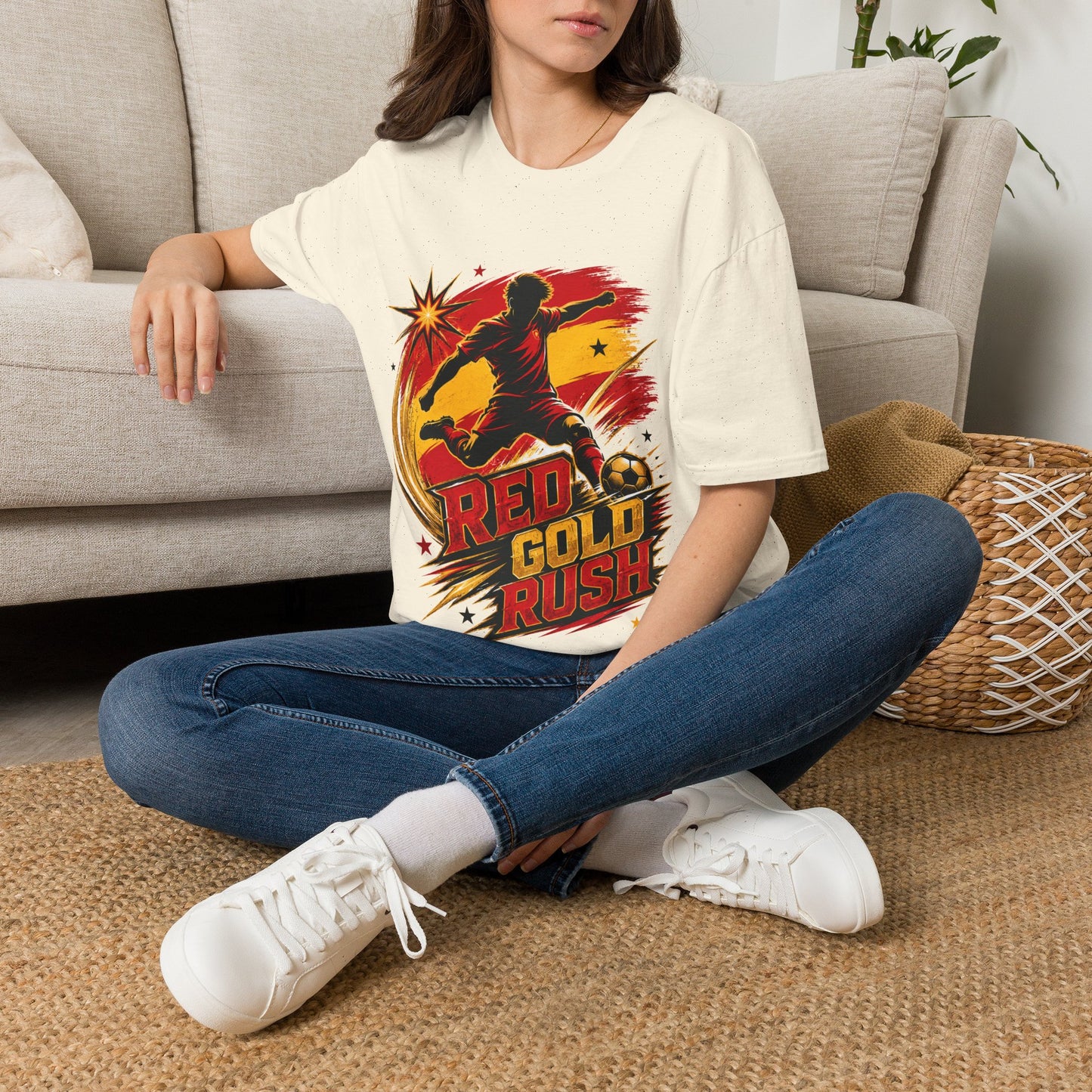 Spain Red & Gold Rush Soccer T-Shirt — Retro Soccer Player Graphic