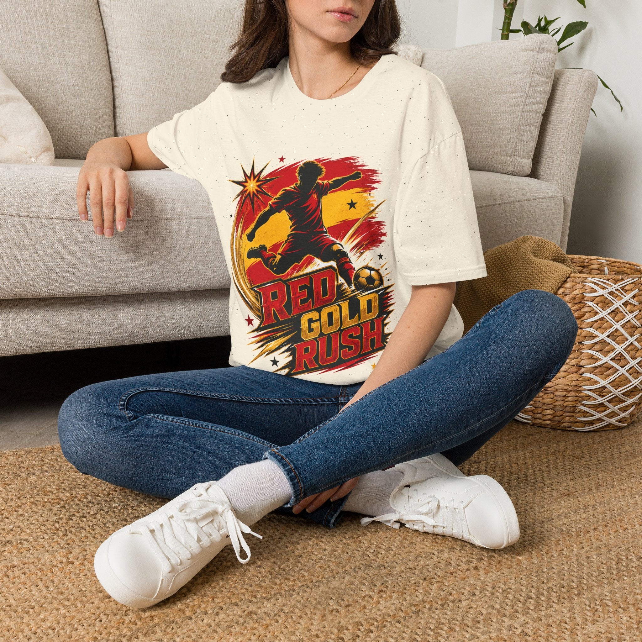 Spain Red & Gold Rush Soccer T-Shirt — Retro Soccer Player Graphic