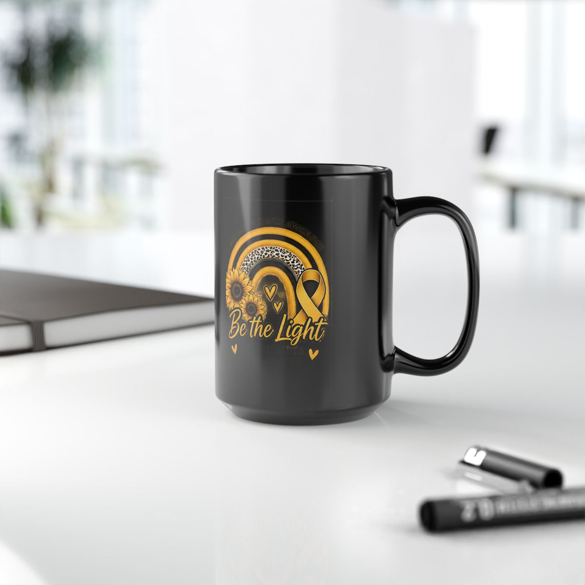Be the Light Yellow Ribbon Sunflower Mug —Childhood Cancer  Inspirational Black Coffee Cup (11oz, 15oz)