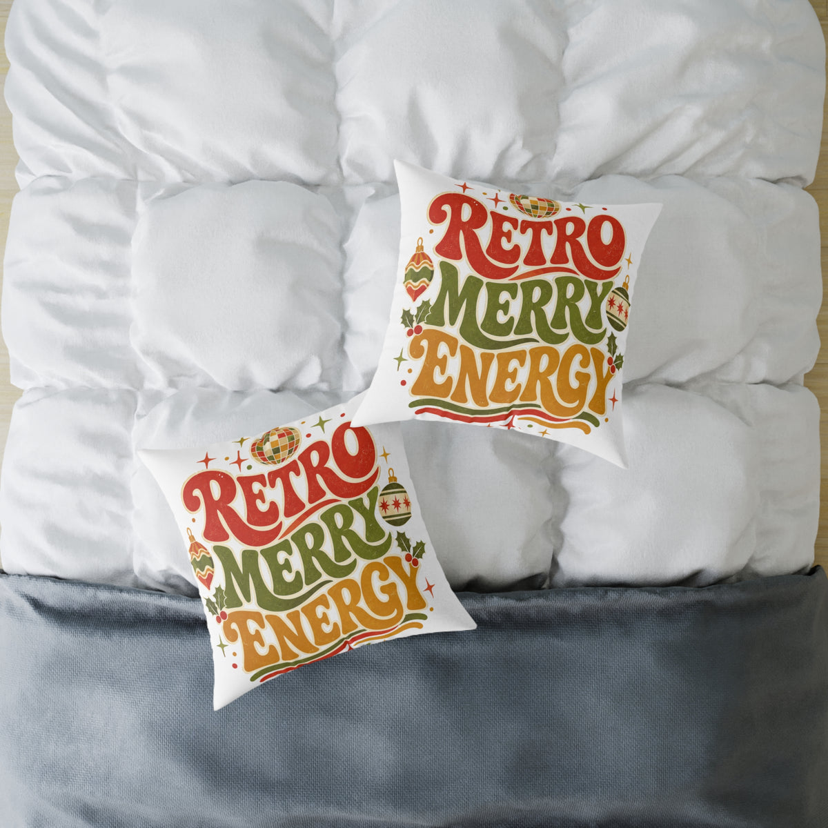 Retro Merry Energy Modern Day Christmas Pillow — Vintage Holiday Throw Pillow with Festive Typography