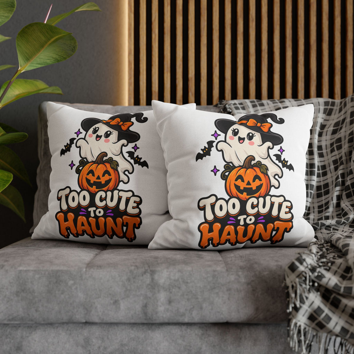 Halloween Pillowcase — "Too Cute to Haunt" Ghost Pumpkin Decorative Pillow Cover