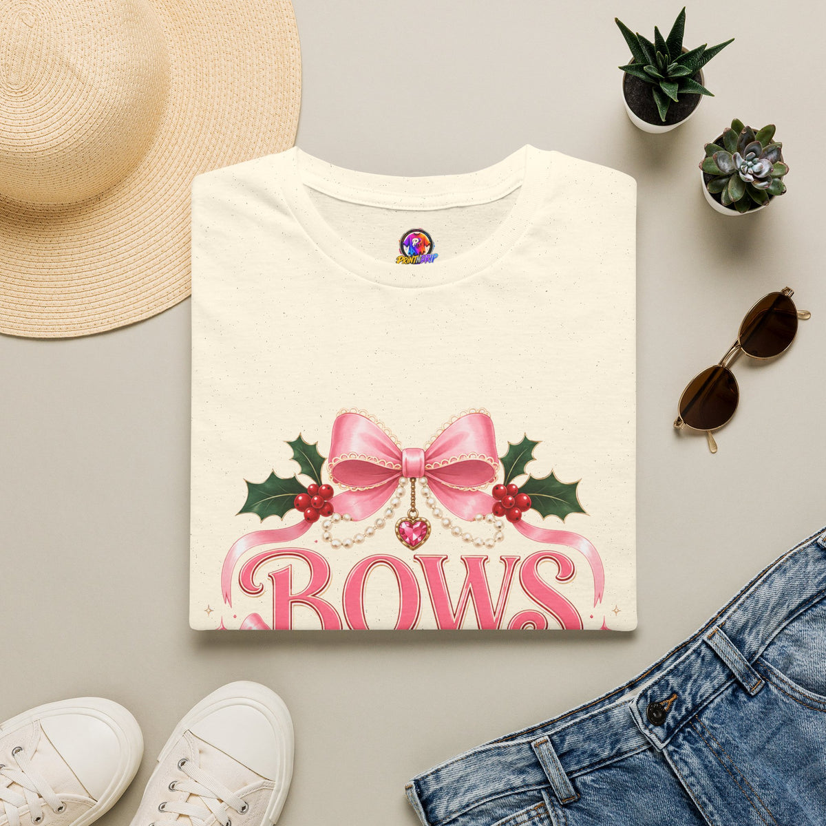 Bows and Mistletoe T-Shirt — Pink Holiday Bow Christmas Tee