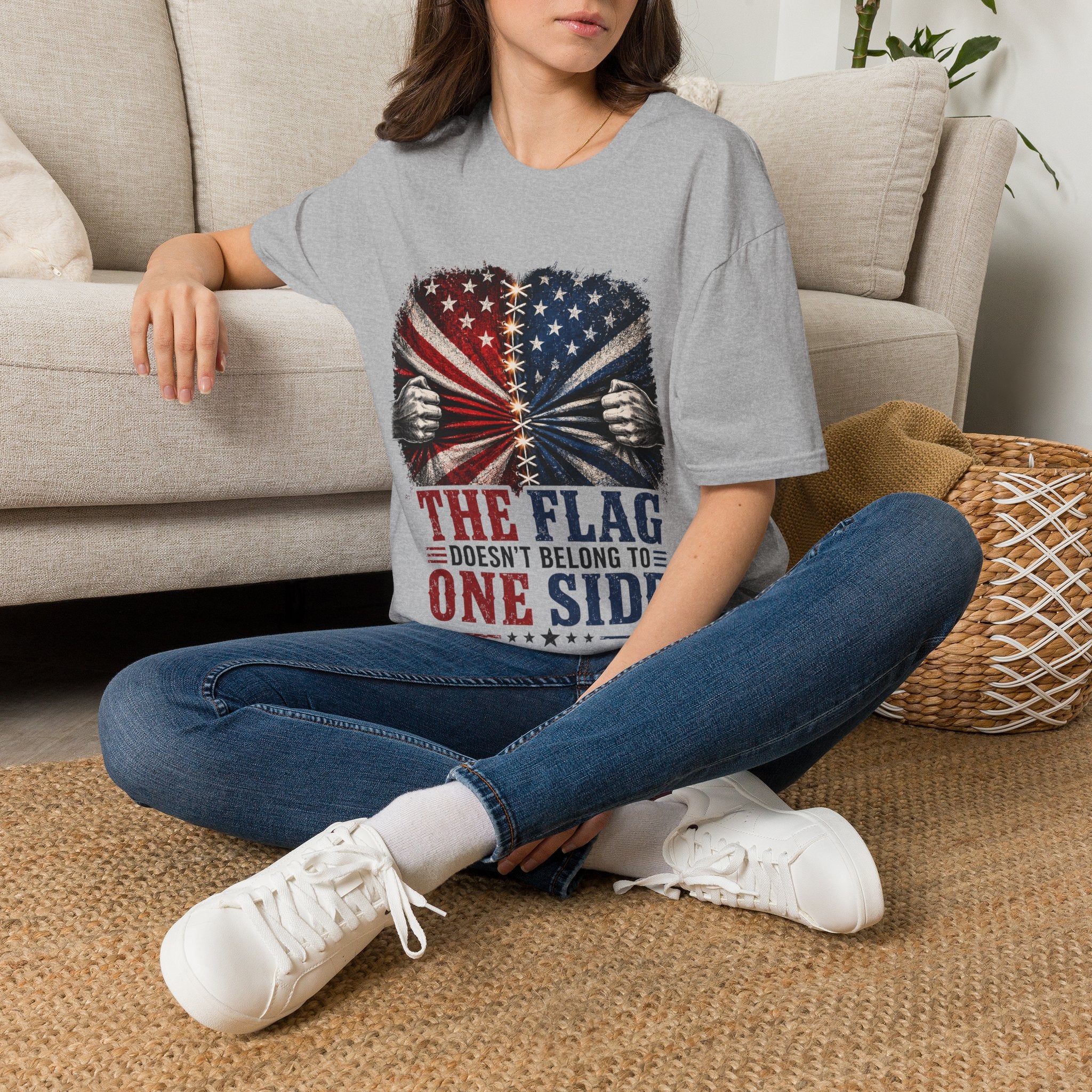 T-Shirt — "The Flag Doesn't Belong to One Side" Distressed American Flag Graphic
