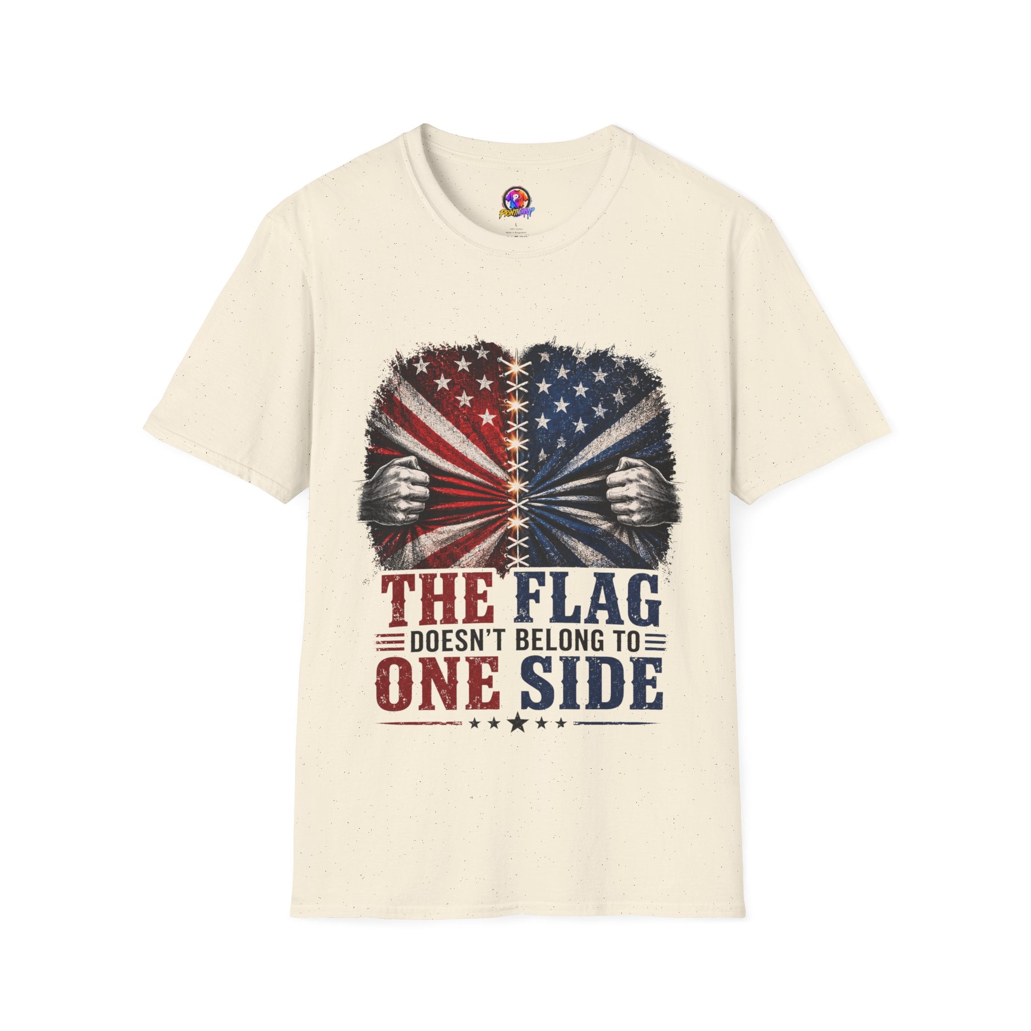 T-Shirt — "The Flag Doesn't Belong to One Side" Distressed American Flag Graphic