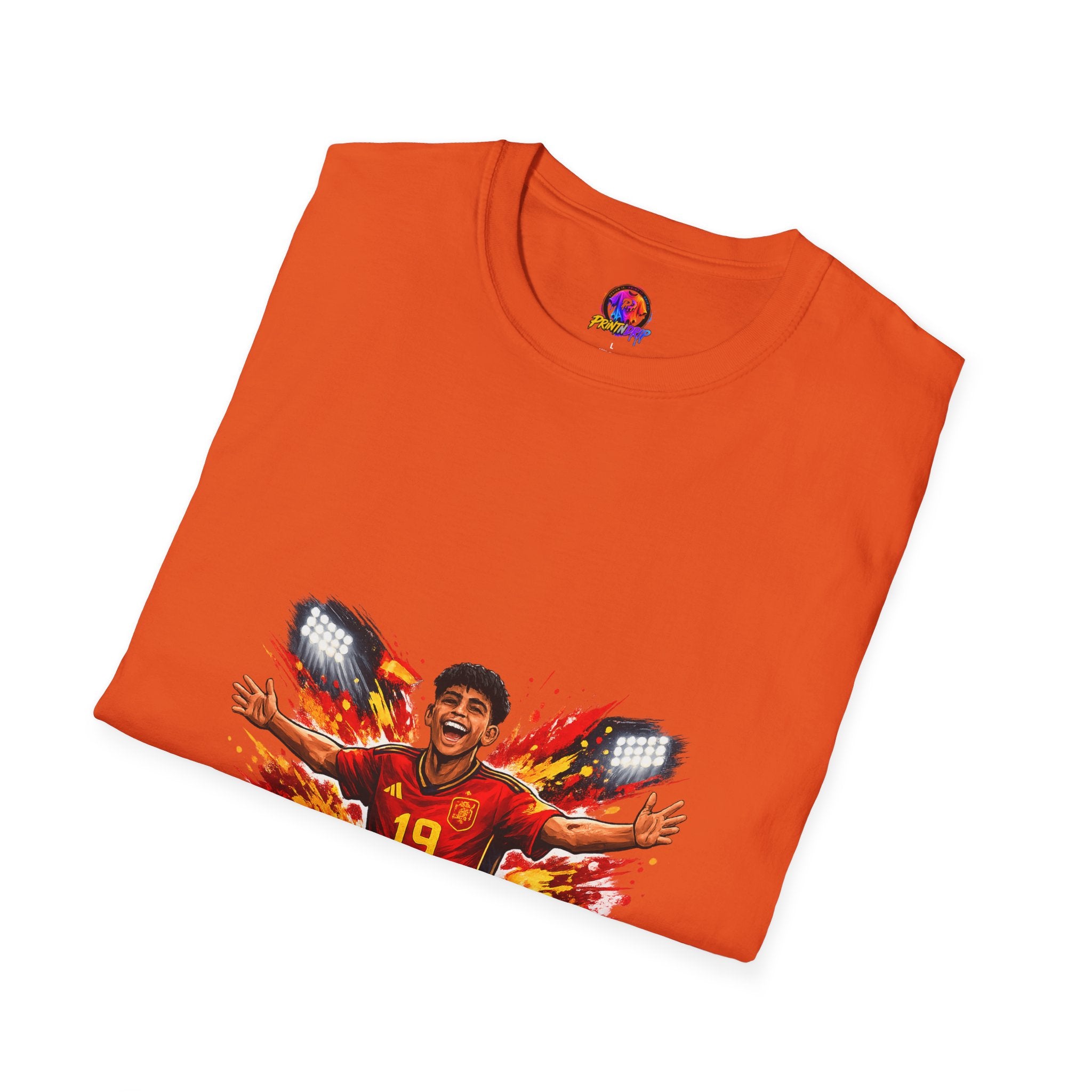 Spain Soccer Fan Portrait T‑Shirt – Fiery Goal Celebration Design
