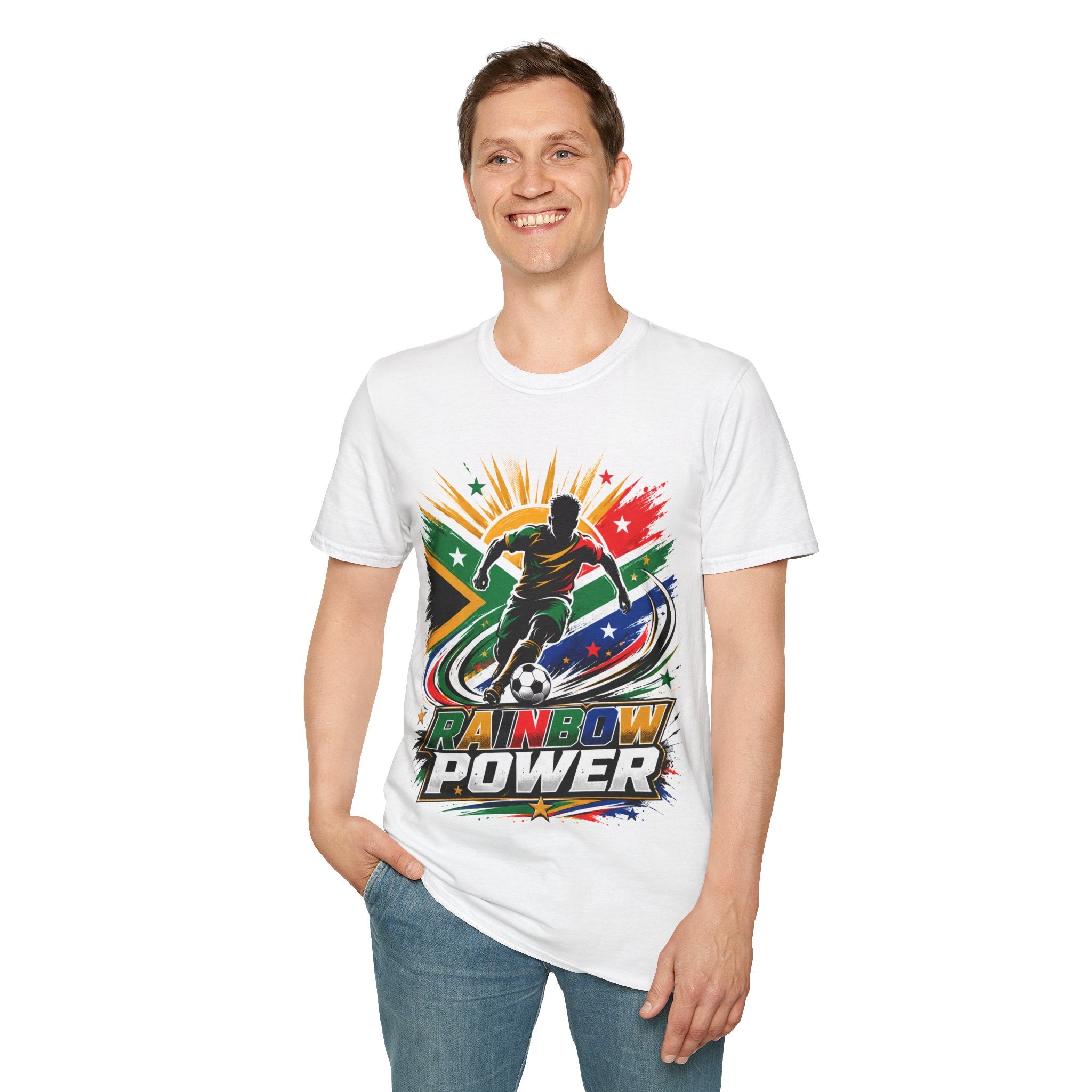 South Africa Soccer Rainbow Power T-Shirt — Colorful Football Player Graphic Tee