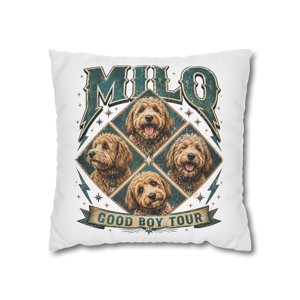 Milo “Good Boy Tour” Dog Photo Square Pillowcase Milo Bailey Dog Dad Mom