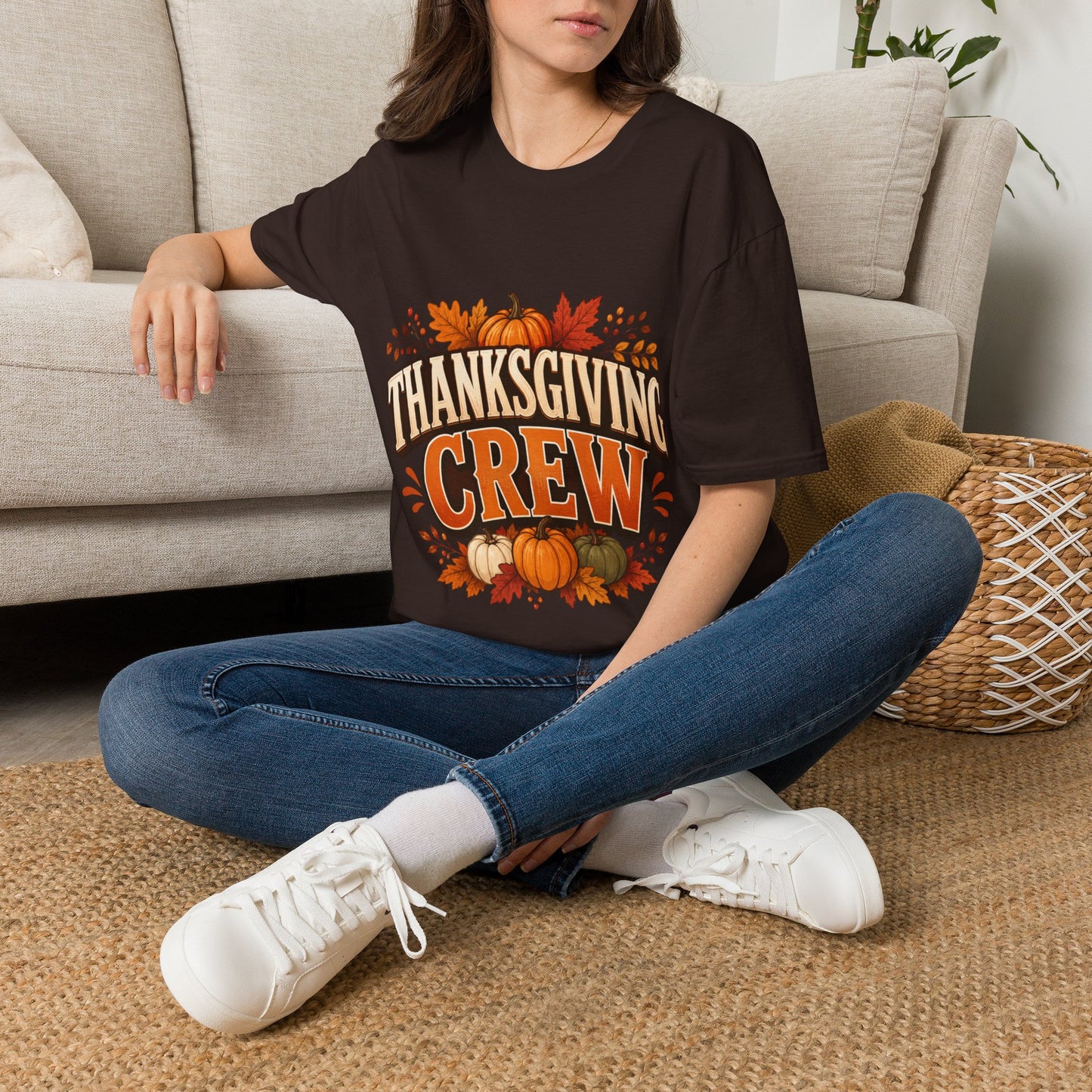 Thanksgiving Crew T-Shirt — Festive Pumpkin & Fall Leaves Holiday Tee