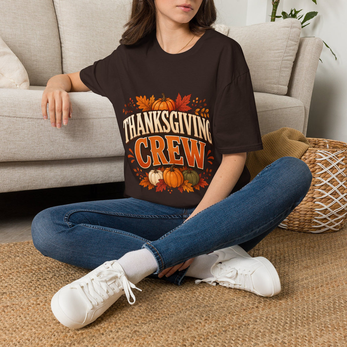 Thanksgiving T-Shirt Crew T-Shirt— Festive Pumpkin & Fall Leaves Holiday Tee