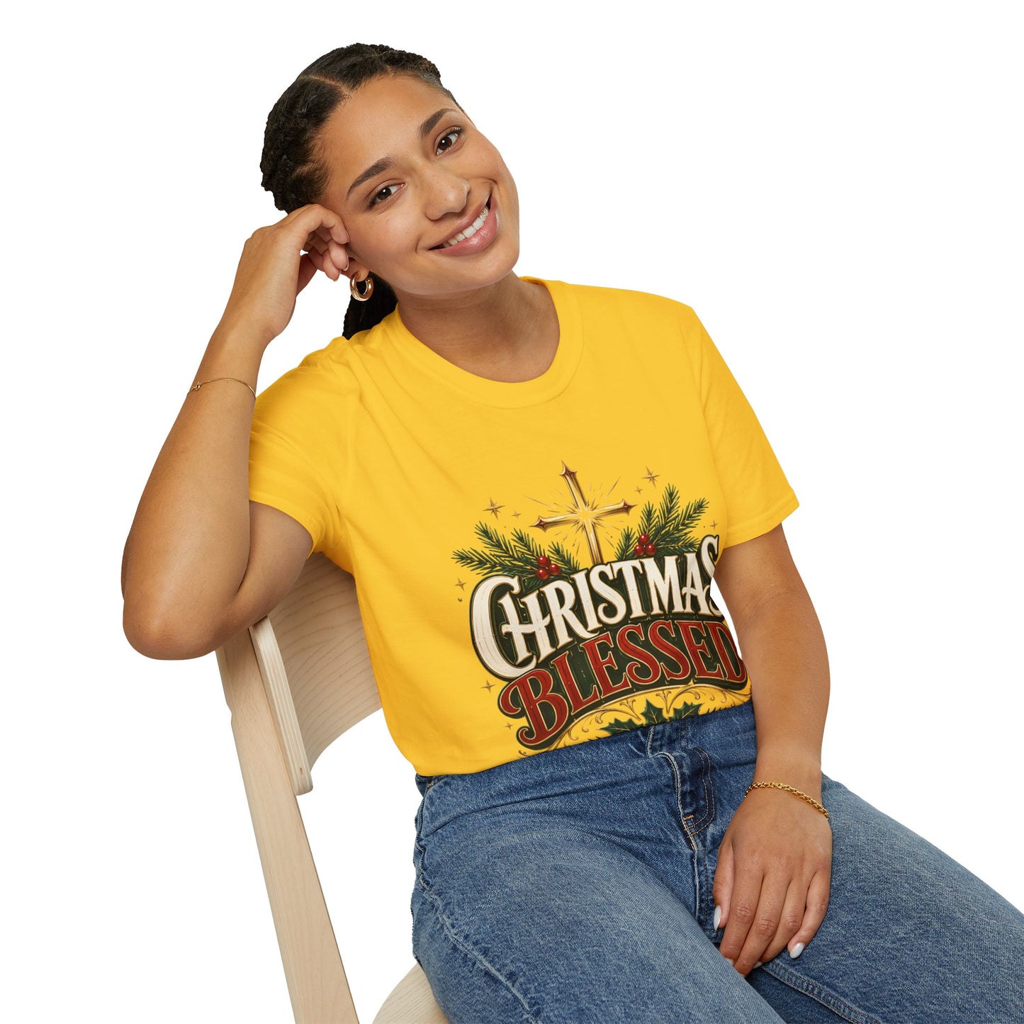 Christmas Blessed T-Shirt — Faith-Based Holiday Tee with Cross & Pine Design