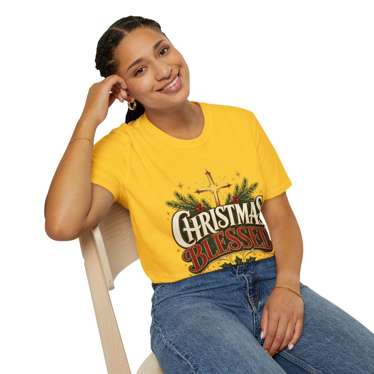 Christmas Blessed T-Shirt — Faith-Based Holiday Tee with Cross & Pine Design