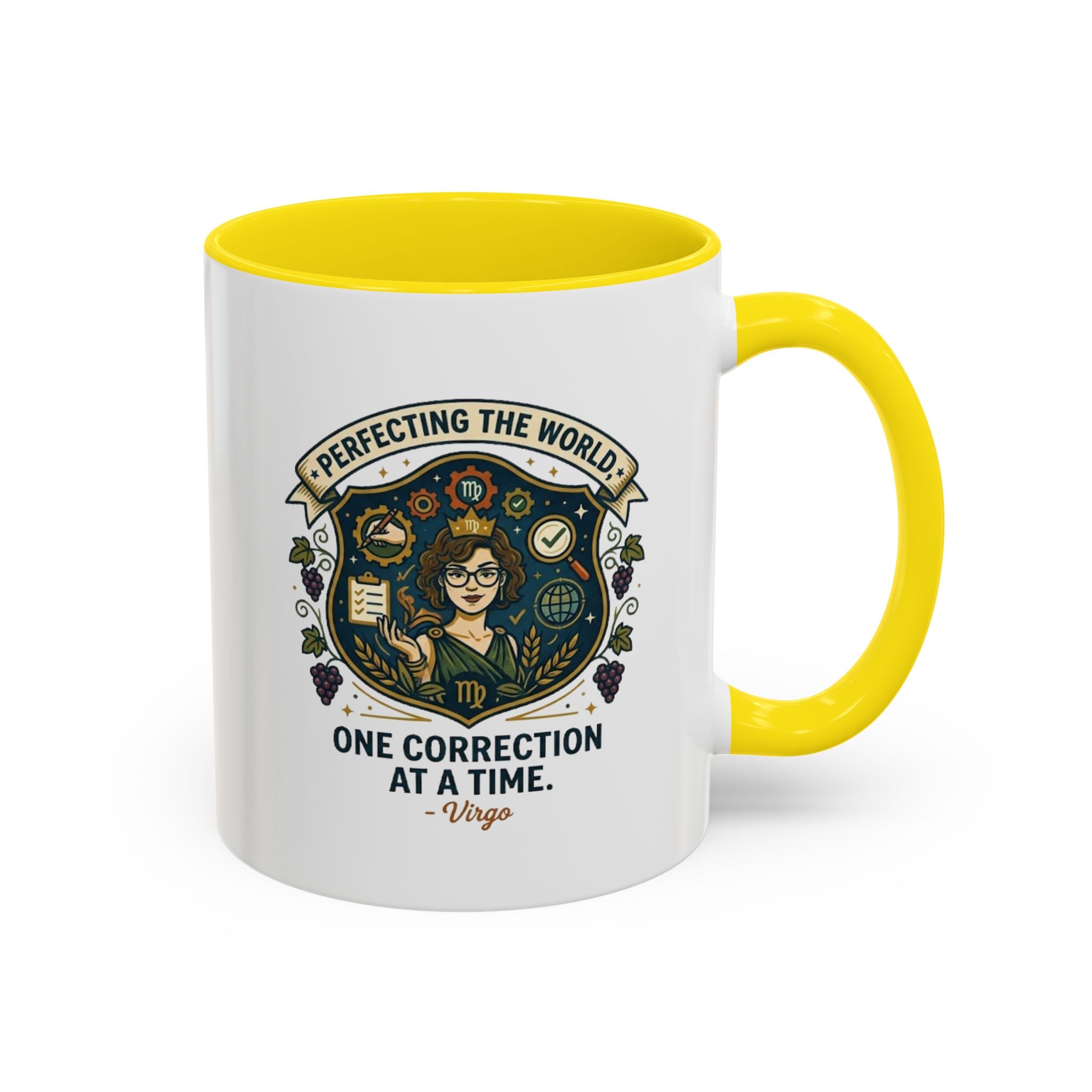 Virgo Coffee Mug — "Perfecting the World: One Correction at a Time" Accent Astrology Gift