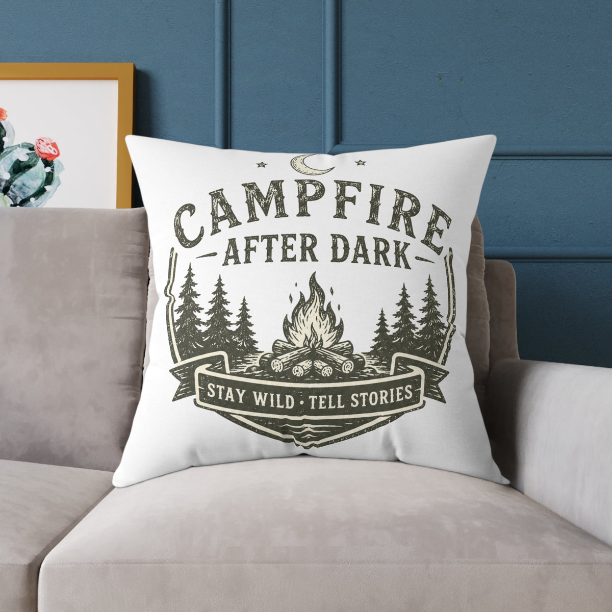 Milo Bailey Dog Dad Mom Pillow — Campfire After Dark Decorative Throw Pillow (Stay Wild, Tell Stories)