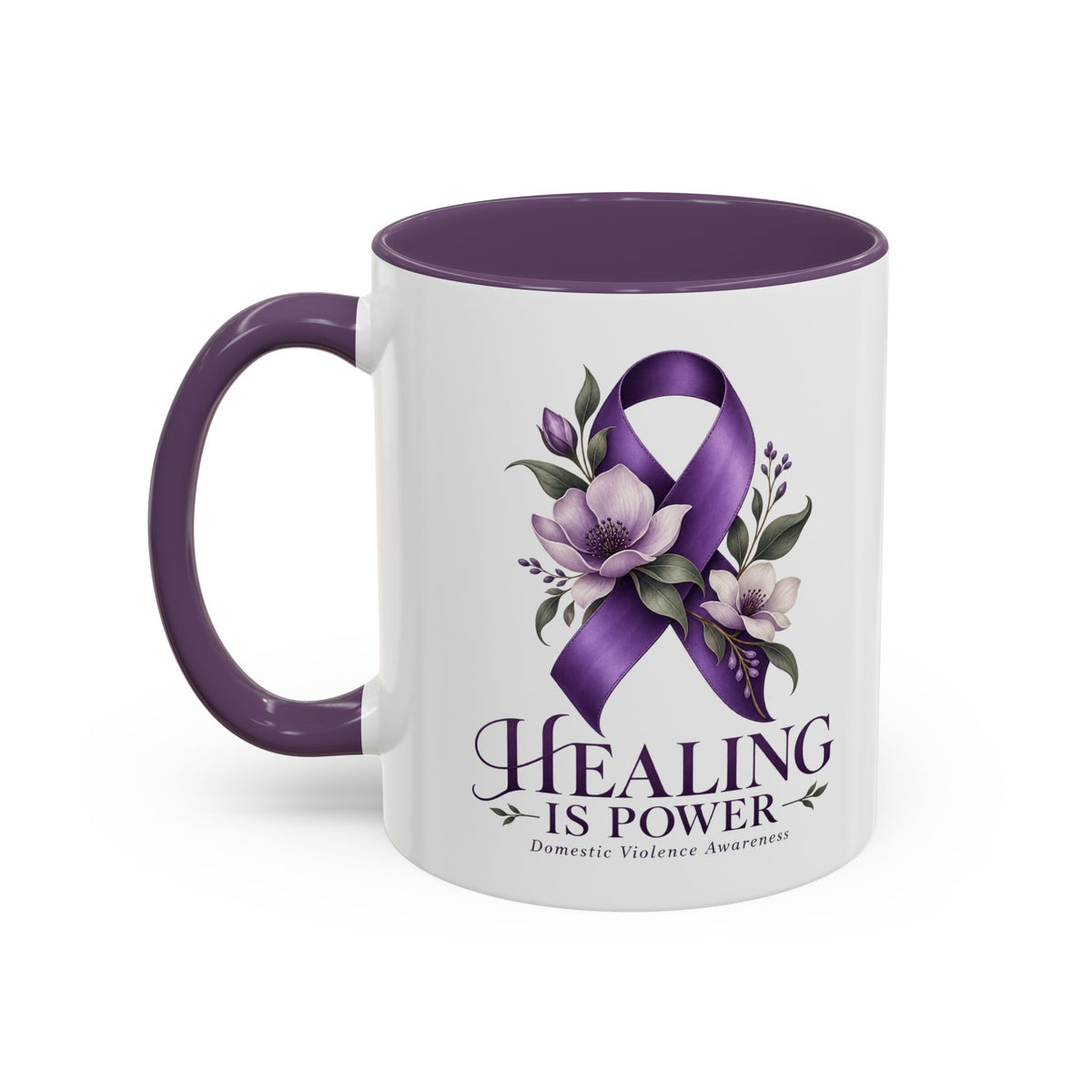 Healing Is Power Purple Ribbon Coffee Mug — Domestic Violence Awareness Accent Mug (11/15oz)
