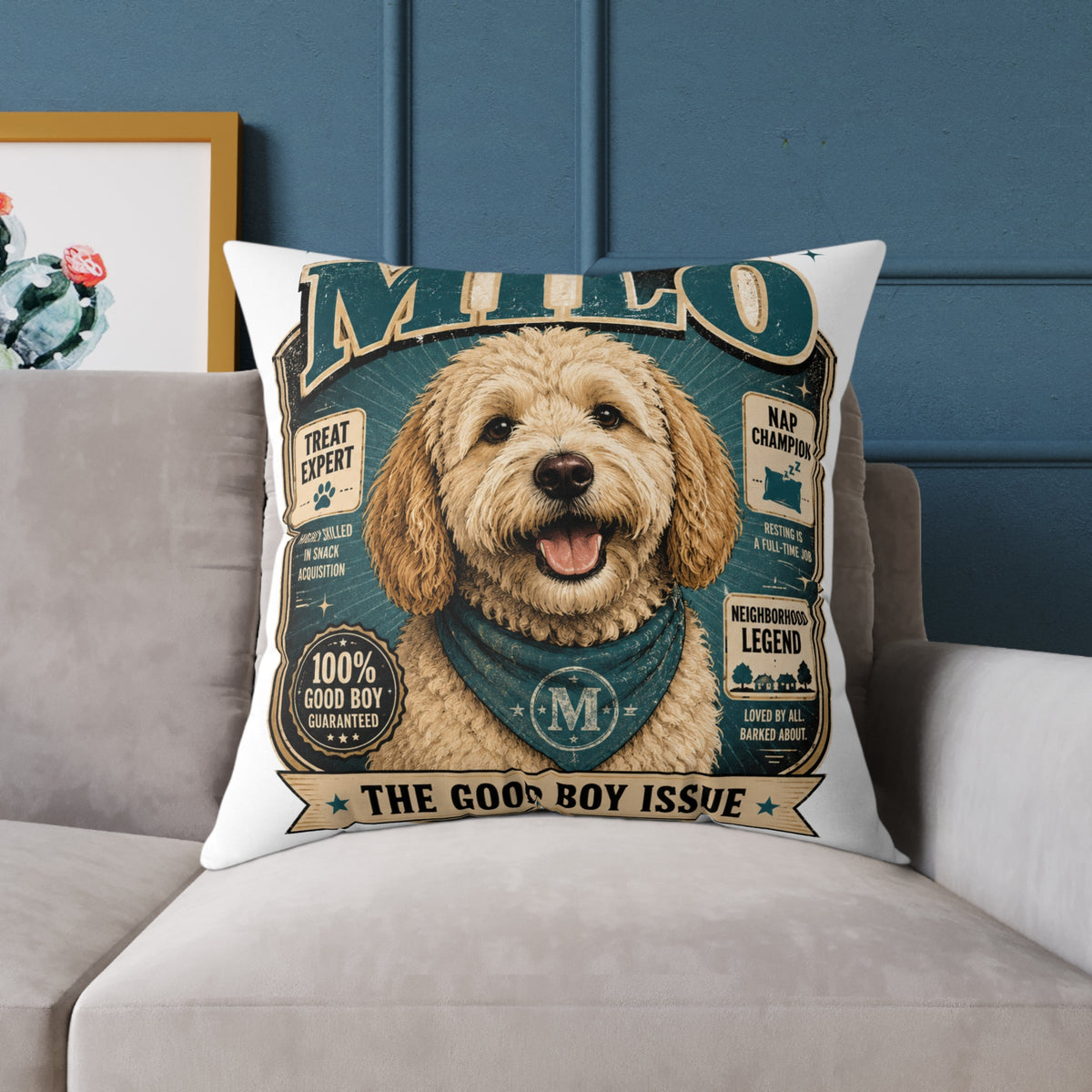 Milo Bailey Dog Dad Mom Milo Dog Cover Pillow — Personalized Cute Golden Doodle Accent Pillow