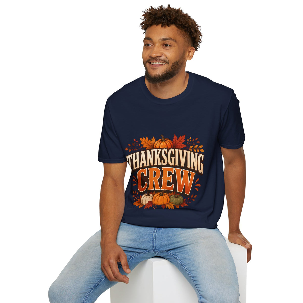 Thanksgiving T-Shirt Crew T-Shirt— Festive Pumpkin & Fall Leaves Holiday Tee
