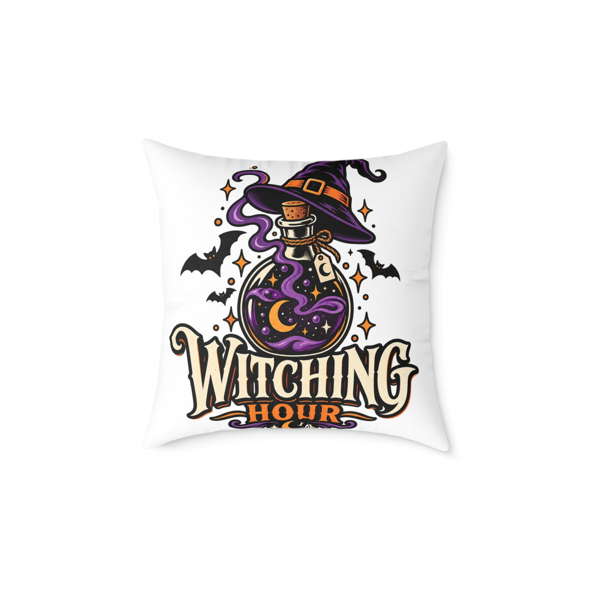 Witching Hour Halloween Decorative Pillow — Witch Hat & Potion Bottle Design