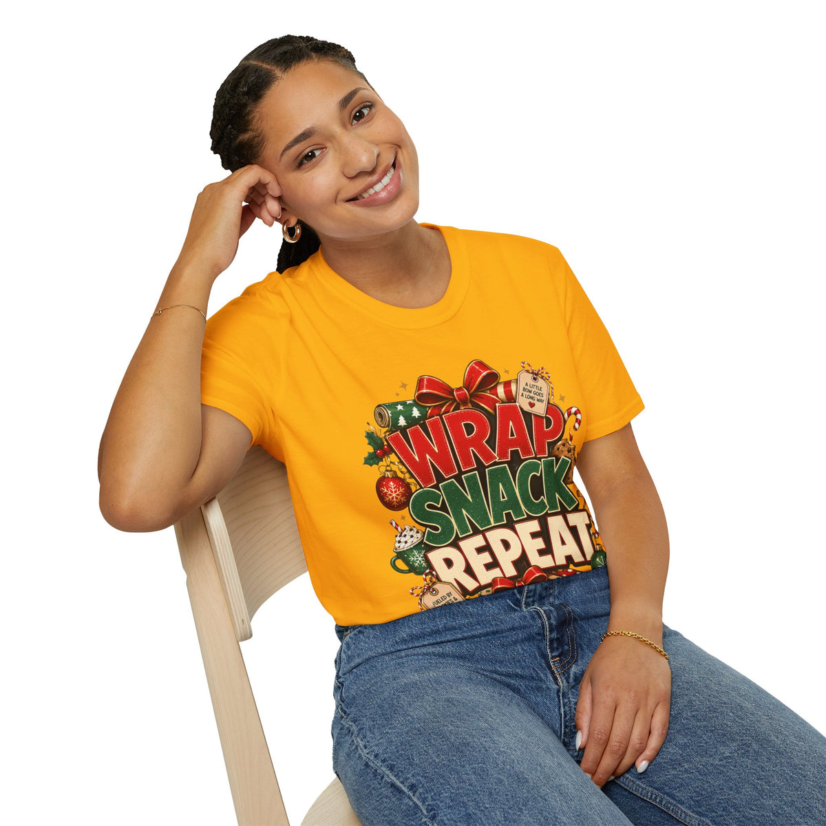 T-Shirt — "Wrap Snack Repeat" Christmas Graphic Tee