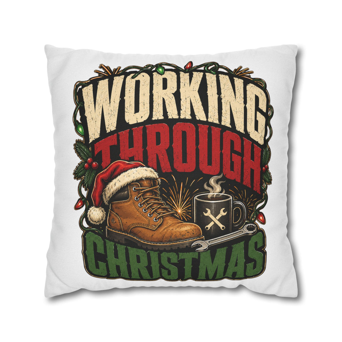 Christmas Work Boots Pillowcase Modern Day Christmas  – "Working Through Christmas" Holiday Throw Pillow Cover