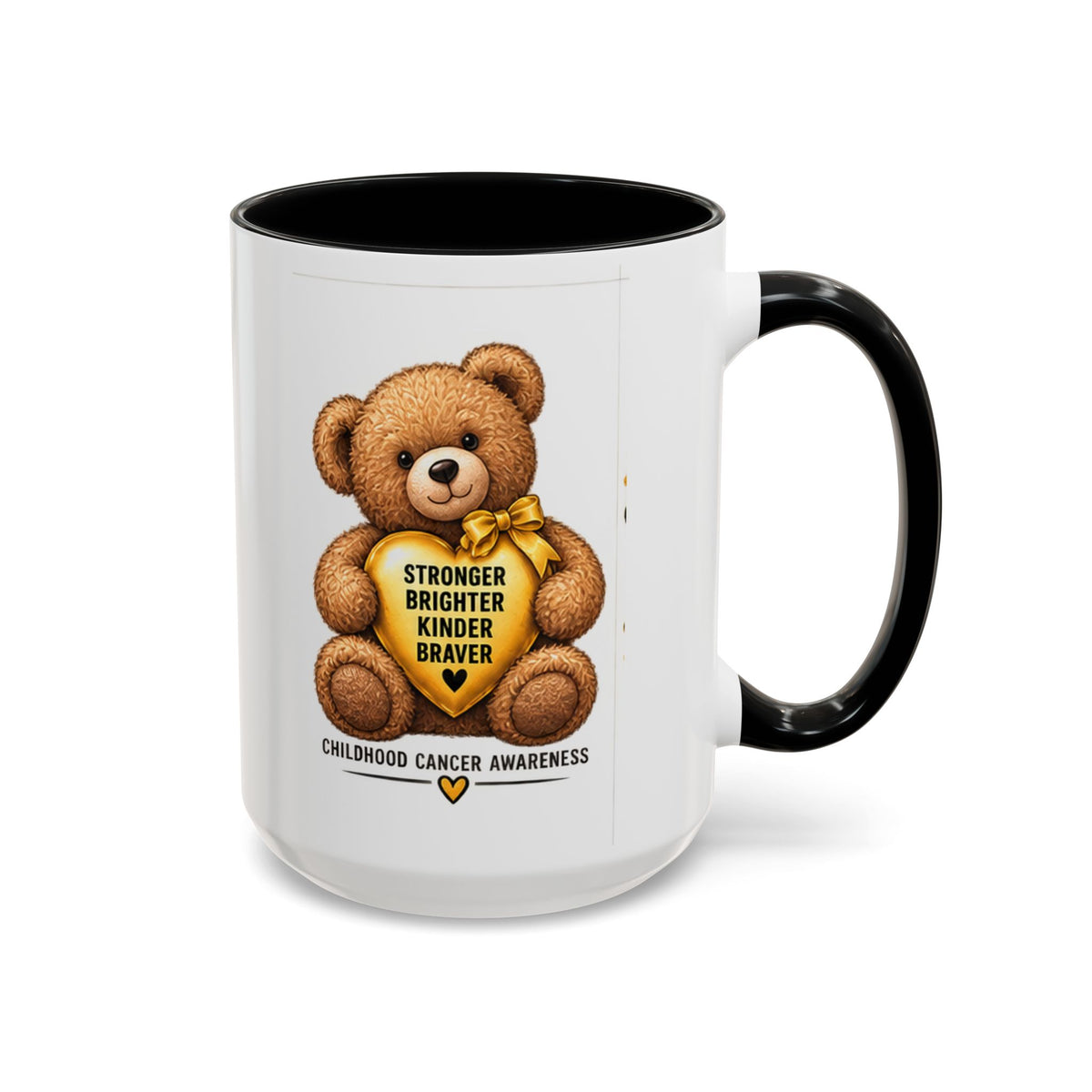 Childhood Cancer Awareness Coffee Mug — 'Stronger Brighter Kinder Braver' Teddy