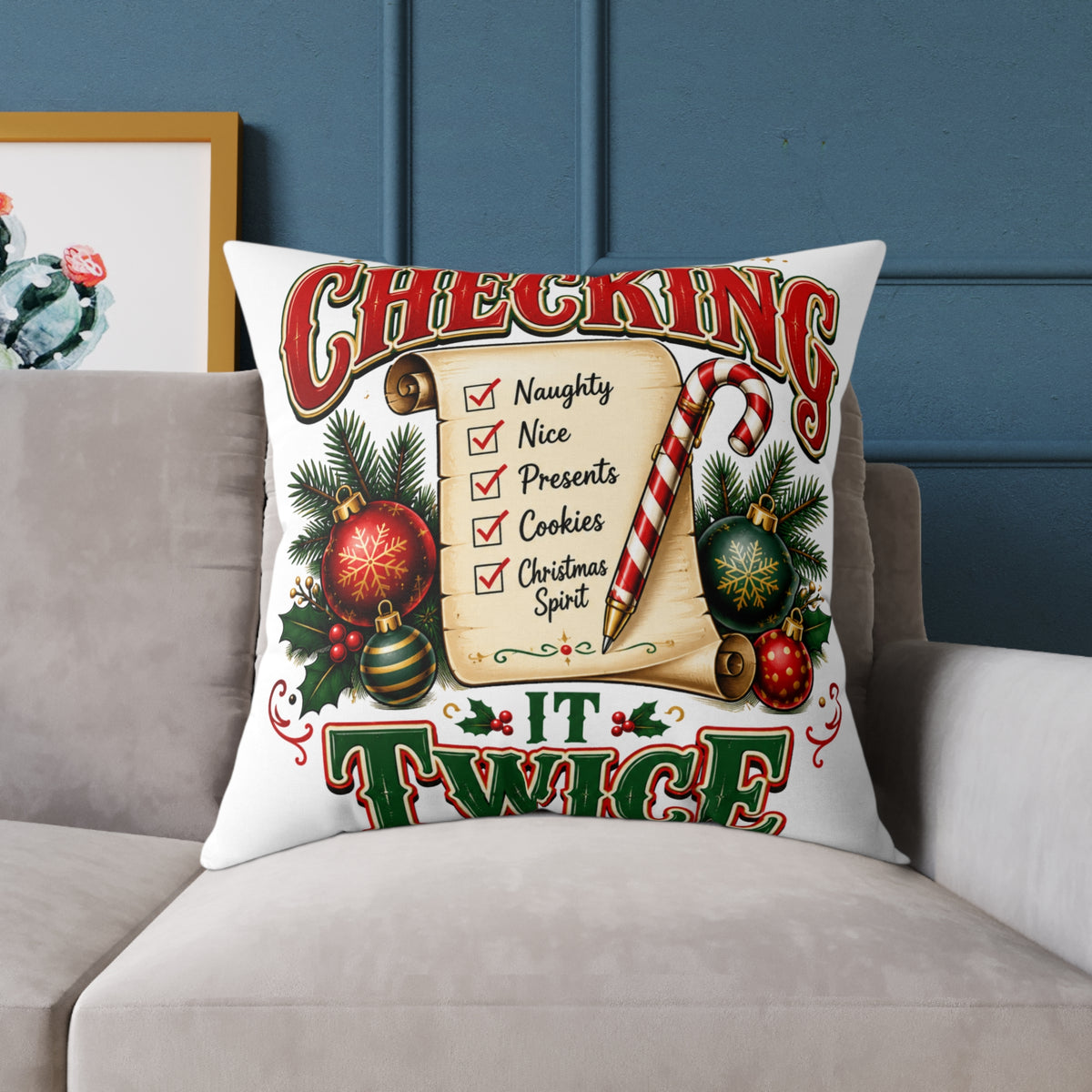Christmas Checking It Twice Square Poly Canvas Pillow