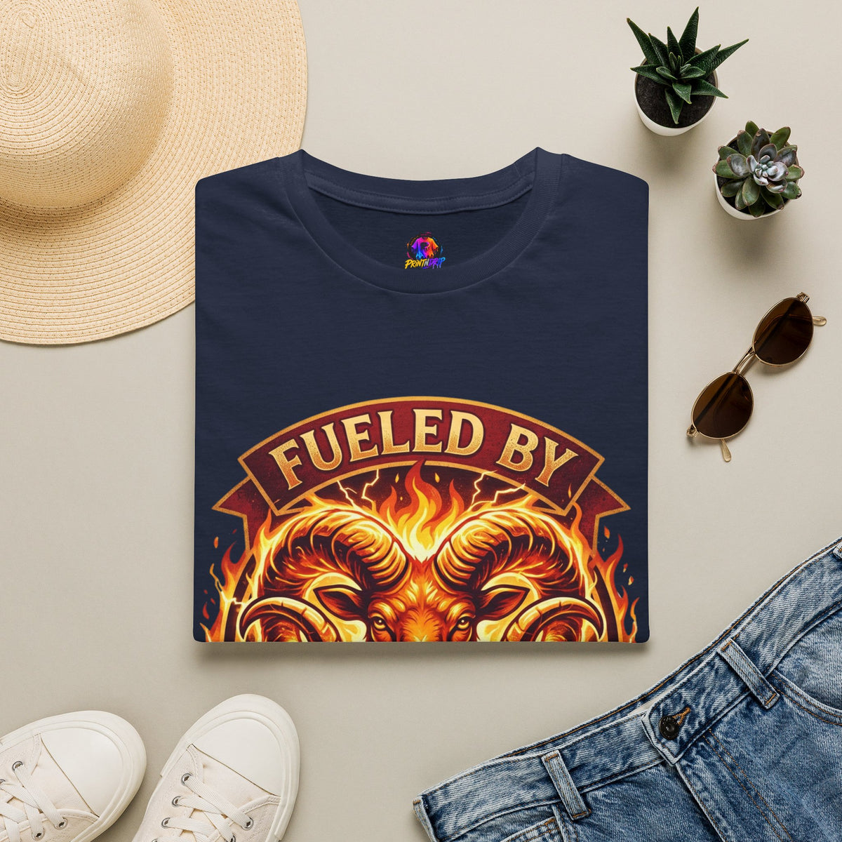 Aries Zodiac Fueled By Fire & Aries Energy T-Shirt — Zodiac Ram Graphic Tee