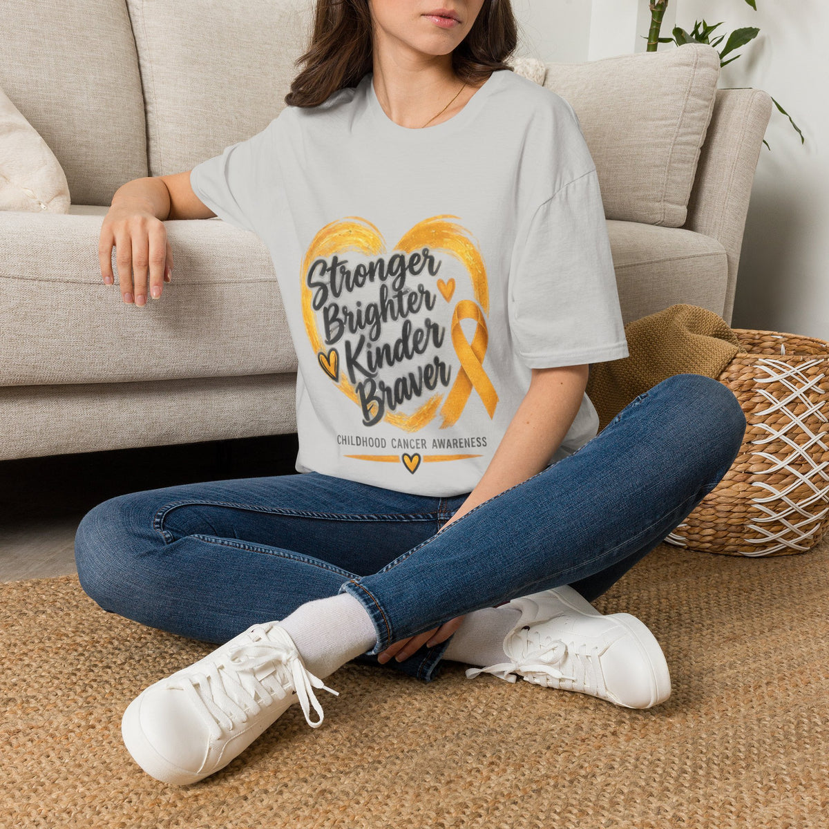 Childhood Cancer Awareness T-Shirt — "Stronger Brighter Kinder Braver" Gold Ribbon
