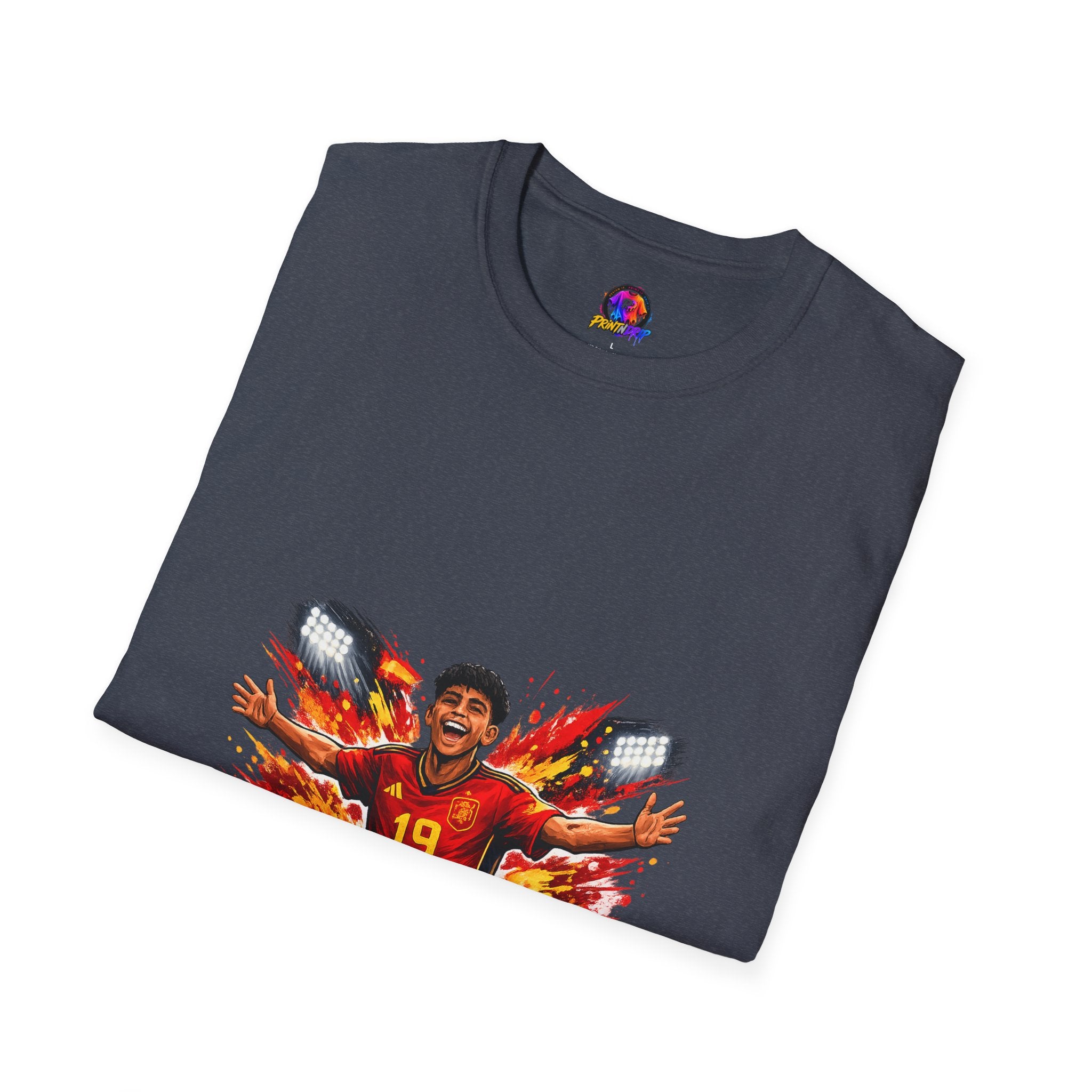 Spain Soccer Fan Portrait T‑Shirt – Fiery Goal Celebration Design